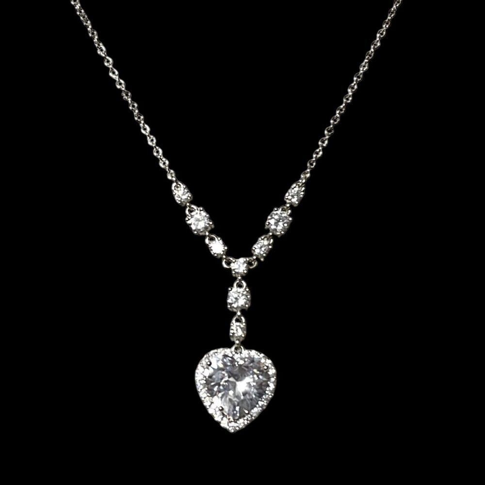 Silver Tone Zirconia Heart Pendant Necklace Y Drop Formal Jewelry Wedding Prom